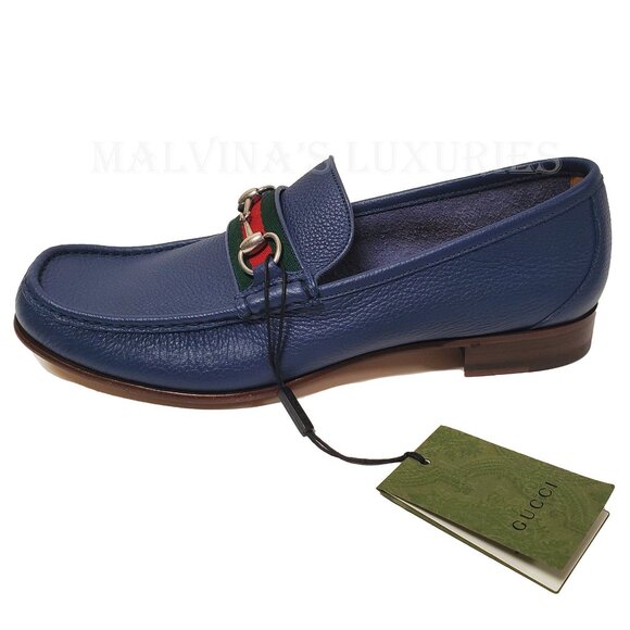 GUCCI SHOES MENS BLUE LEATHER MOCCASIN LOAFERS w HORSEBIT WEB sz 12.5G 13 - Picture 4 of 15